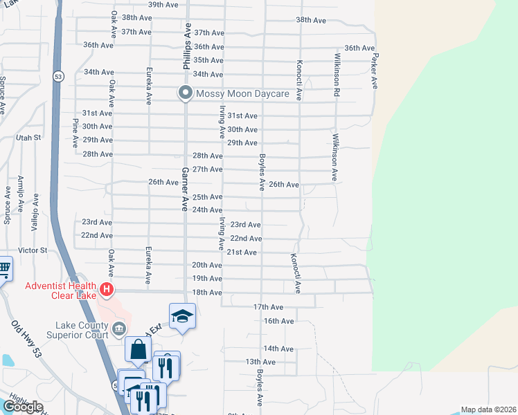 map of restaurants, bars, coffee shops, grocery stores, and more near 16083 24th Avenue in Clearlake