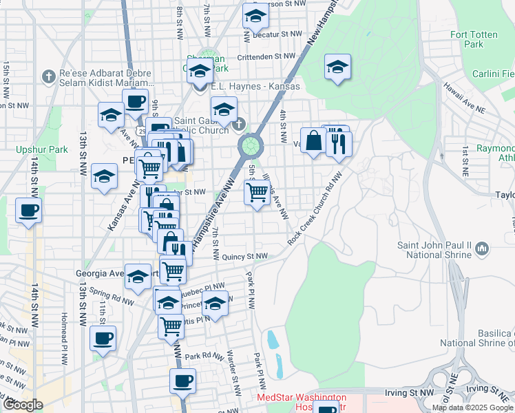 map of restaurants, bars, coffee shops, grocery stores, and more near 4005 5th Street Northwest in Washington