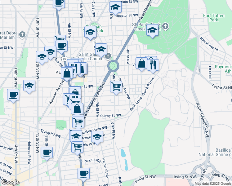 map of restaurants, bars, coffee shops, grocery stores, and more near 4005 5th Street Northwest in Washington