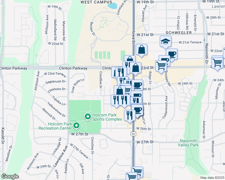 map of restaurants, bars, coffee shops, grocery stores, and more near 2434 West 24th Terrace in Lawrence