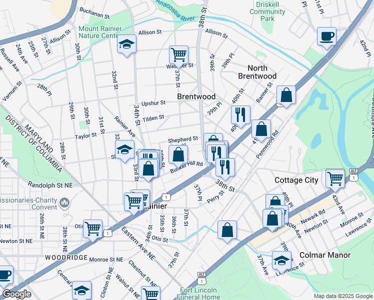 map of restaurants, bars, coffee shops, grocery stores, and more near 4011 37th Street in Mount Rainier