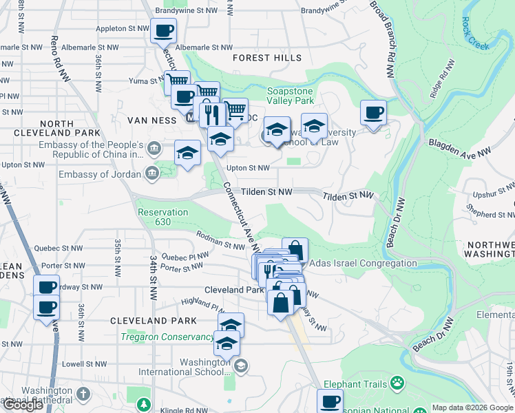 map of restaurants, bars, coffee shops, grocery stores, and more near 3883 Connecticut Avenue Northwest in Washington