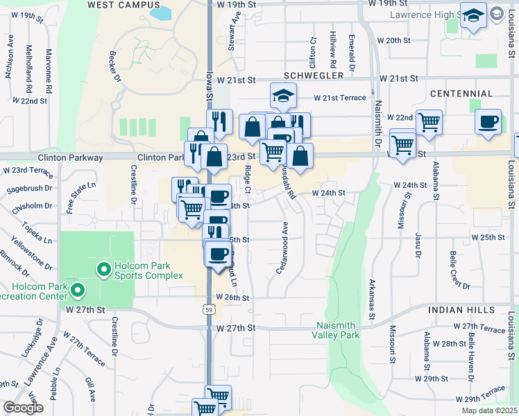 map of restaurants, bars, coffee shops, grocery stores, and more near 1733 West 24th Street in Lawrence