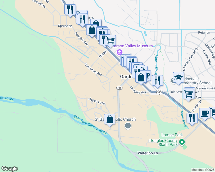 map of restaurants, bars, coffee shops, grocery stores, and more near 1454 Hussman Avenue in Gardnerville