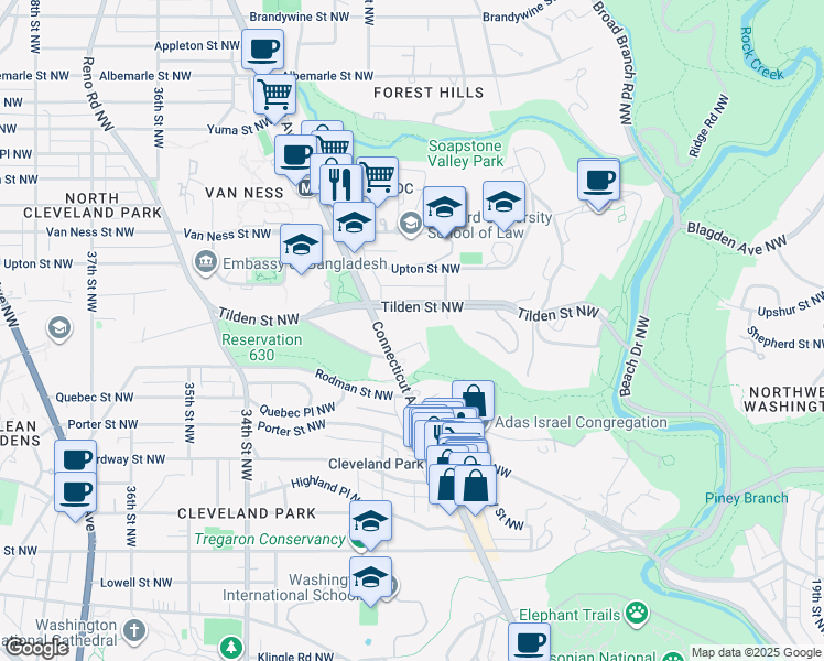 map of restaurants, bars, coffee shops, grocery stores, and more near 3883 Connecticut Avenue Northwest in Washington