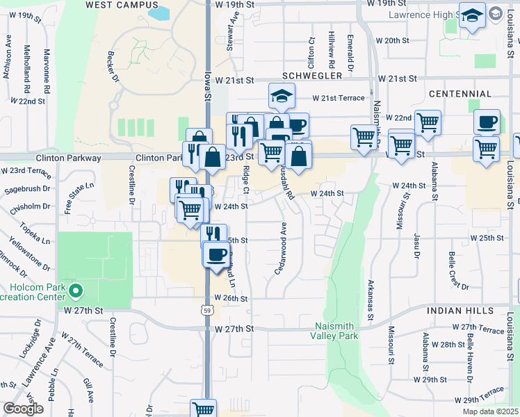 map of restaurants, bars, coffee shops, grocery stores, and more near 1733 West 24th Street in Lawrence