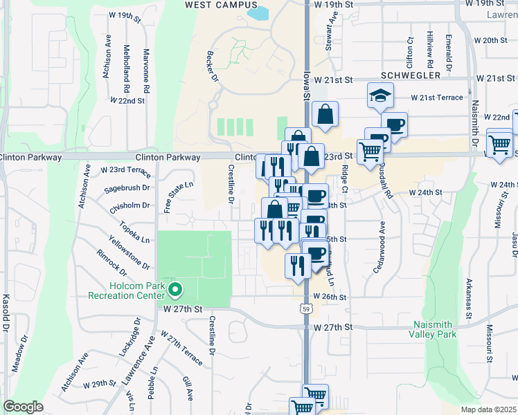map of restaurants, bars, coffee shops, grocery stores, and more near 2434 West 24th Terrace in Lawrence