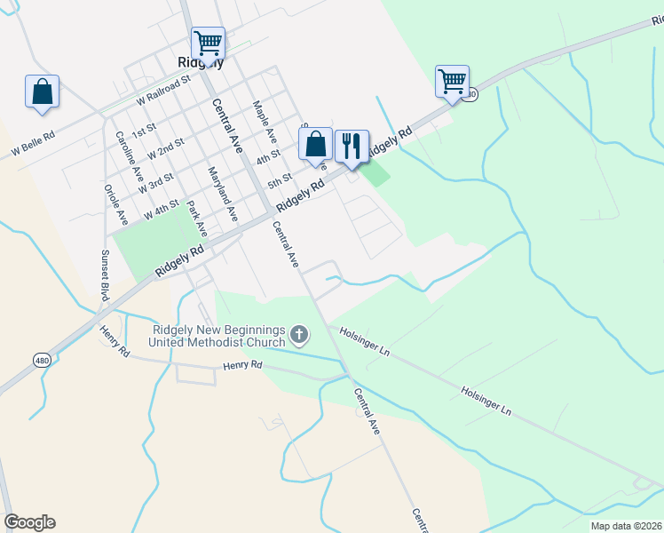 map of restaurants, bars, coffee shops, grocery stores, and more near 8 Oakview Court in Ridgely