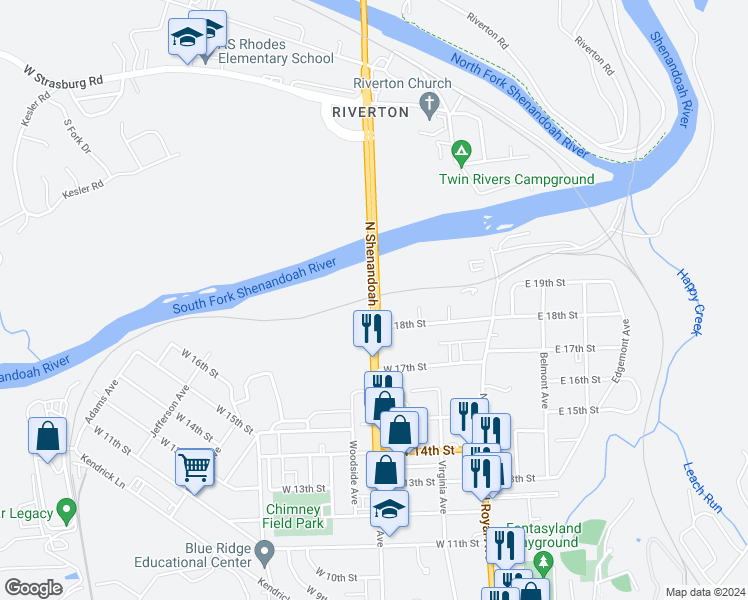 map of restaurants, bars, coffee shops, grocery stores, and more near North Shenandoah Avenue in Front Royal