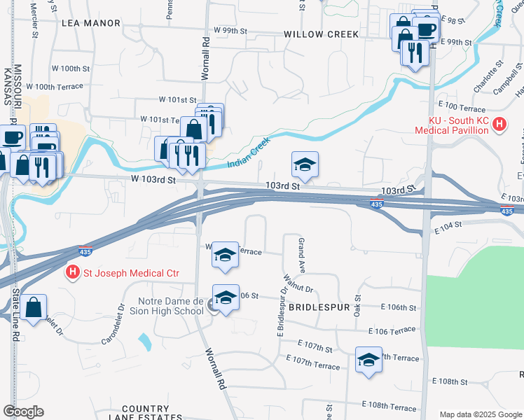map of restaurants, bars, coffee shops, grocery stores, and more near 108 West 104th Street in Kansas City