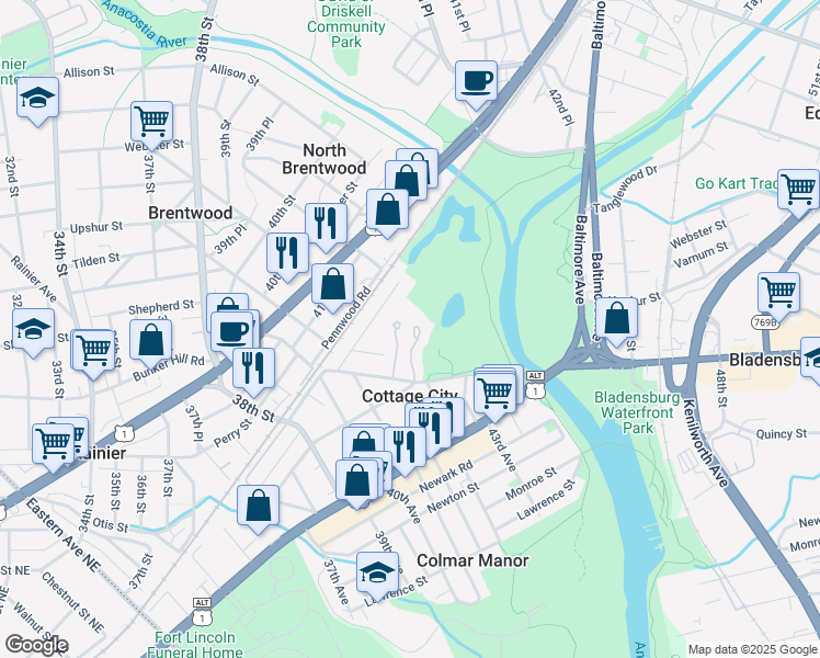 map of restaurants, bars, coffee shops, grocery stores, and more near 4146 Parkwood Court in Brentwood