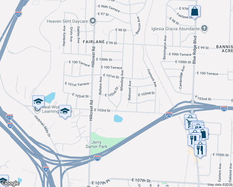 map of restaurants, bars, coffee shops, grocery stores, and more near 6003 East 102nd Street in Kansas City