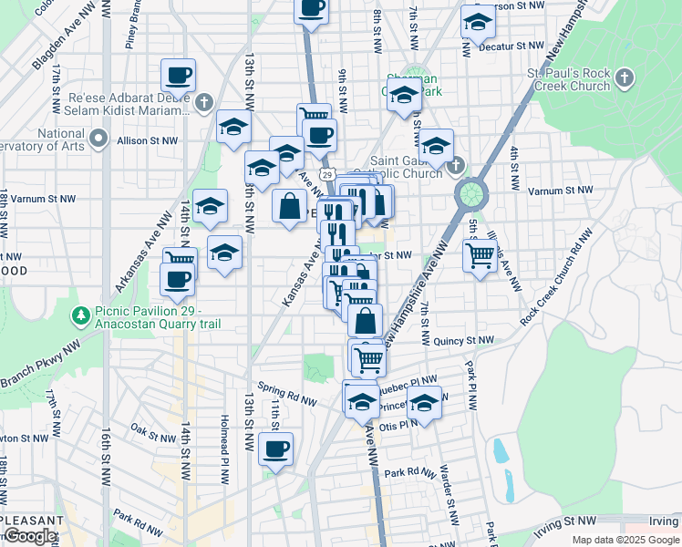 map of restaurants, bars, coffee shops, grocery stores, and more near 4010 Georgia Avenue Northwest in Washington