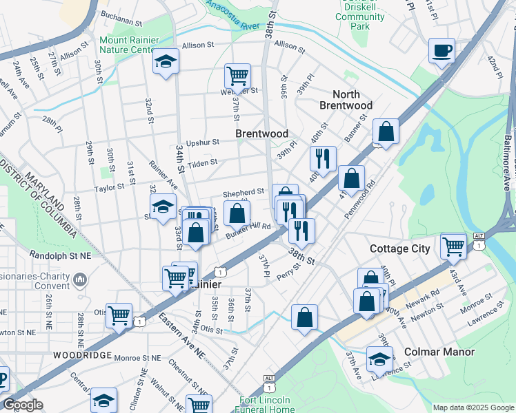 map of restaurants, bars, coffee shops, grocery stores, and more near 4008 38th Street in Brentwood