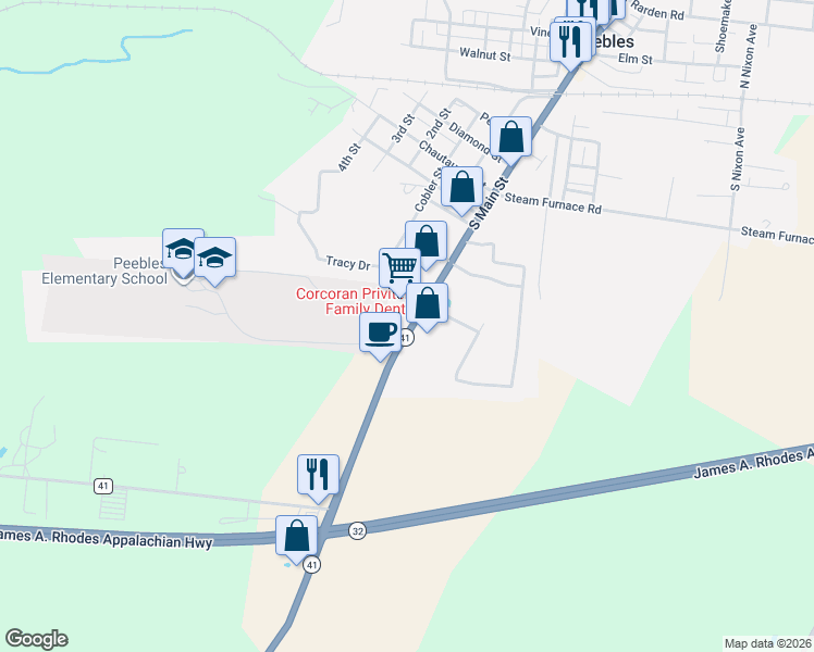 map of restaurants, bars, coffee shops, grocery stores, and more near 25773 State Route 41 in Peebles