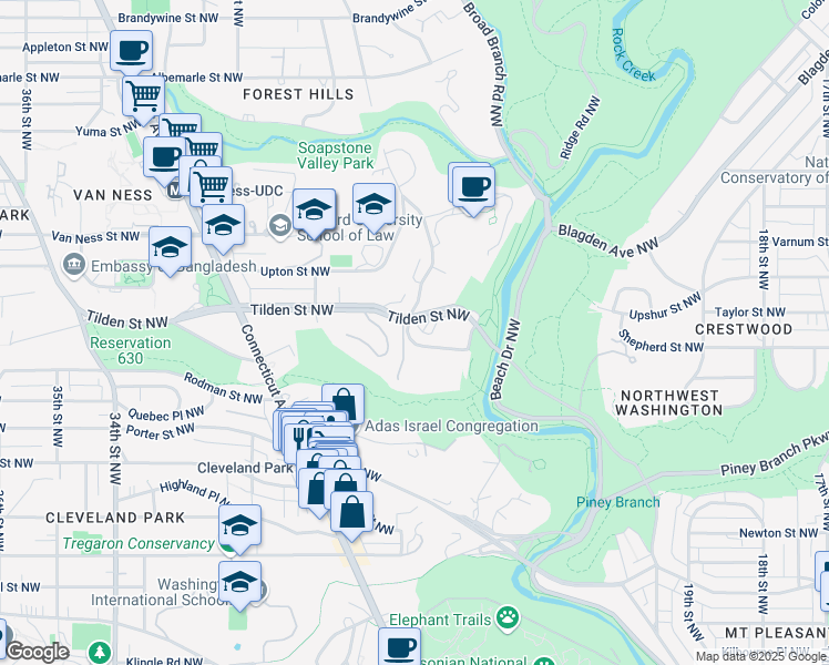 map of restaurants, bars, coffee shops, grocery stores, and more near 2608 Tilden Street Northwest in Washington