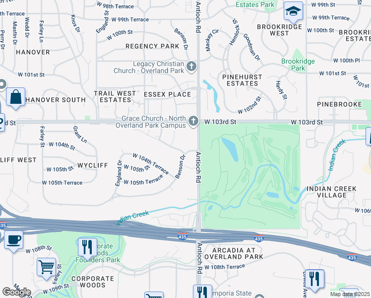 map of restaurants, bars, coffee shops, grocery stores, and more near 8708 West 104th Street in Overland Park
