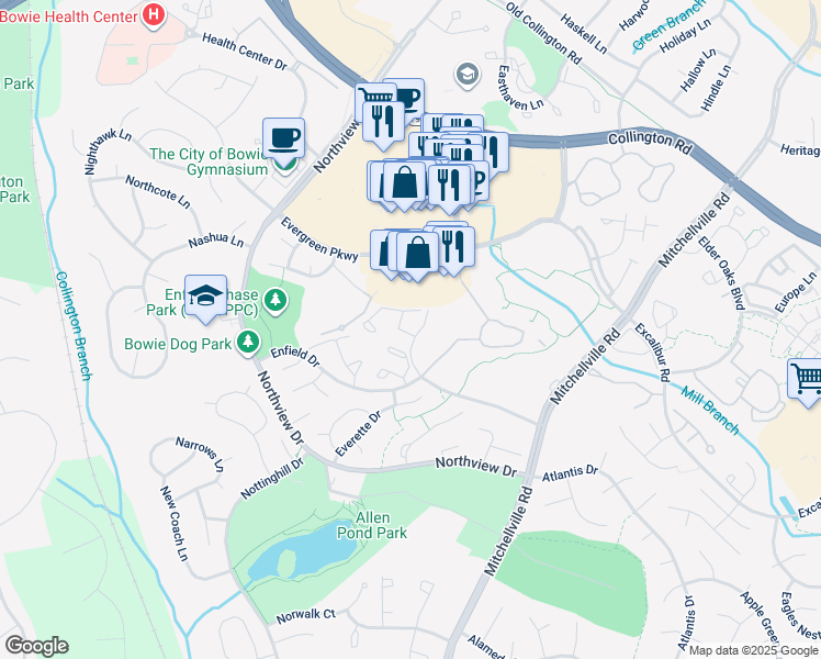 map of restaurants, bars, coffee shops, grocery stores, and more near 3936 Emblem Corner in Bowie