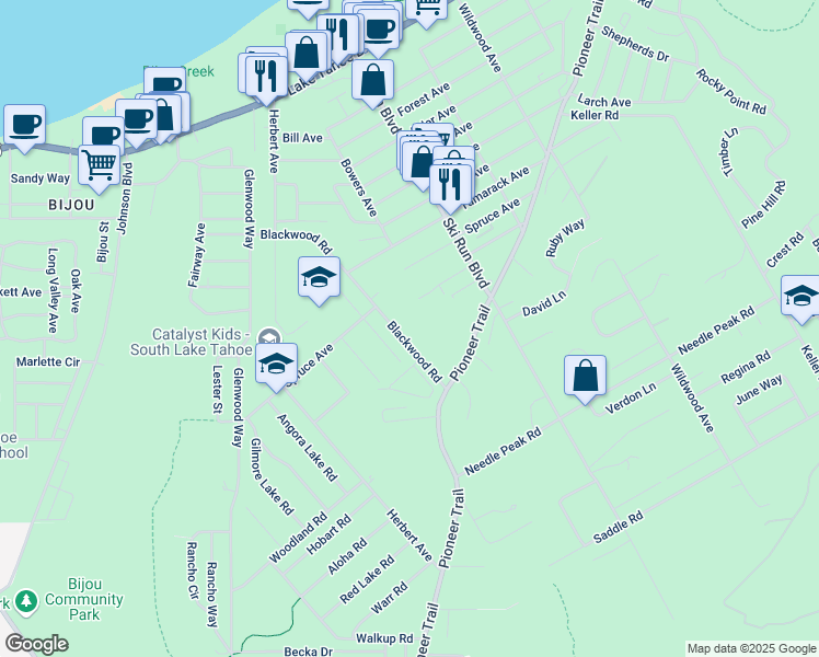 map of restaurants, bars, coffee shops, grocery stores, and more near 3715 Blackwood Road in South Lake Tahoe