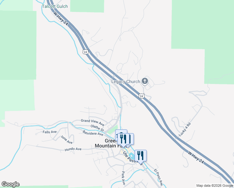 map of restaurants, bars, coffee shops, grocery stores, and more near 10640 Green Mountain Falls Road in Green Mountain Falls