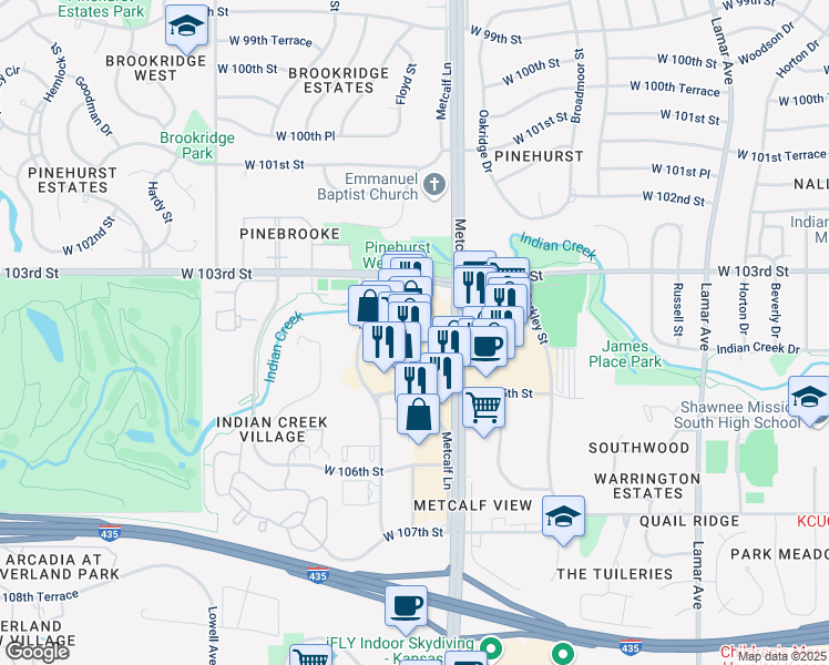 map of restaurants, bars, coffee shops, grocery stores, and more near 10428 Metcalf Avenue in Overland Park