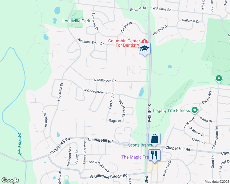 map of restaurants, bars, coffee shops, grocery stores, and more near 1314 Pickford Place in Columbia