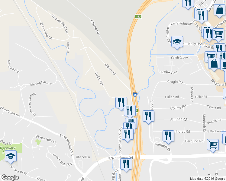 map of restaurants, bars, coffee shops, grocery stores, and more near 7501 Tudor Road in Colorado Springs