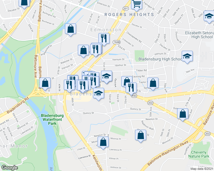 map of restaurants, bars, coffee shops, grocery stores, and more near 5150 Annapolis Road in Bladensburg
