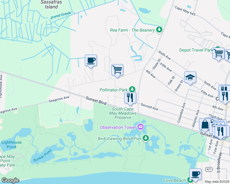 map of restaurants, bars, coffee shops, grocery stores, and more near West Drive in West Cape May