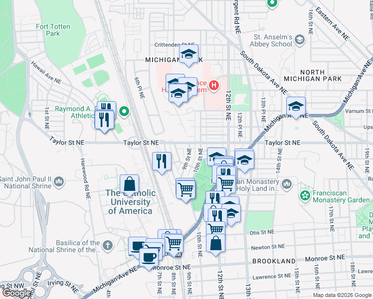 map of restaurants, bars, coffee shops, grocery stores, and more near 4026 9th Street Northeast in Washington