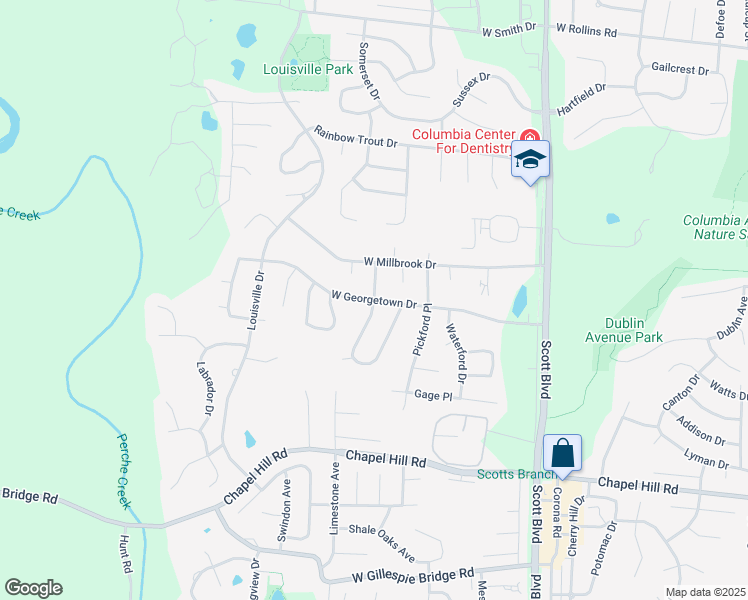 map of restaurants, bars, coffee shops, grocery stores, and more near 1445 West Lexington Circle in Columbia
