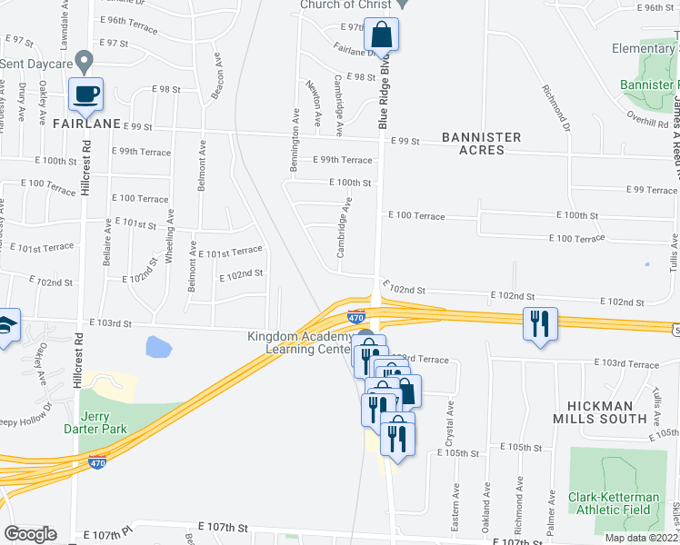map of restaurants, bars, coffee shops, grocery stores, and more near E 102nd St & Bennington Ave in Kansas City