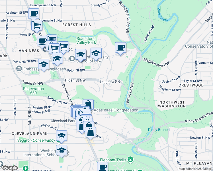 map of restaurants, bars, coffee shops, grocery stores, and more near 2608 Tilden Street Northwest in Washington