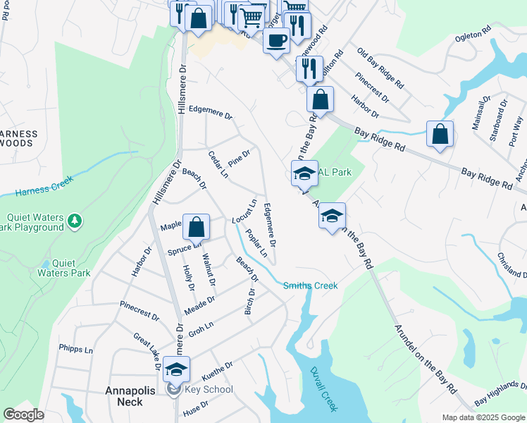 map of restaurants, bars, coffee shops, grocery stores, and more near 404 Edgemere Drive in Annapolis
