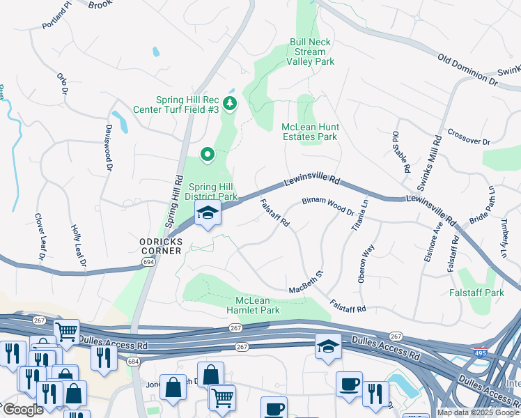 map of restaurants, bars, coffee shops, grocery stores, and more near 8105 Falstaff Road in McLean