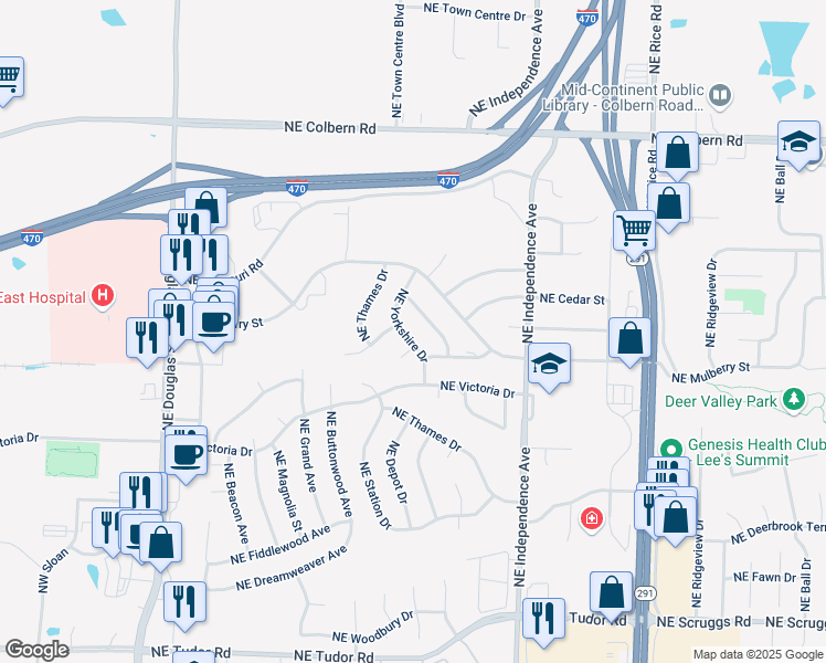 map of restaurants, bars, coffee shops, grocery stores, and more near 1522 Northeast Yorkshire Drive in Lee's Summit