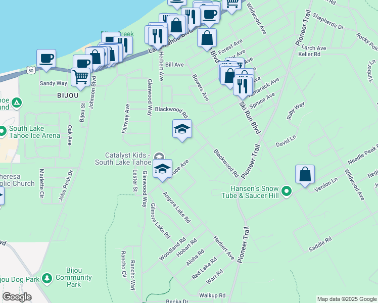map of restaurants, bars, coffee shops, grocery stores, and more near 3501 Spruce Avenue in South Lake Tahoe