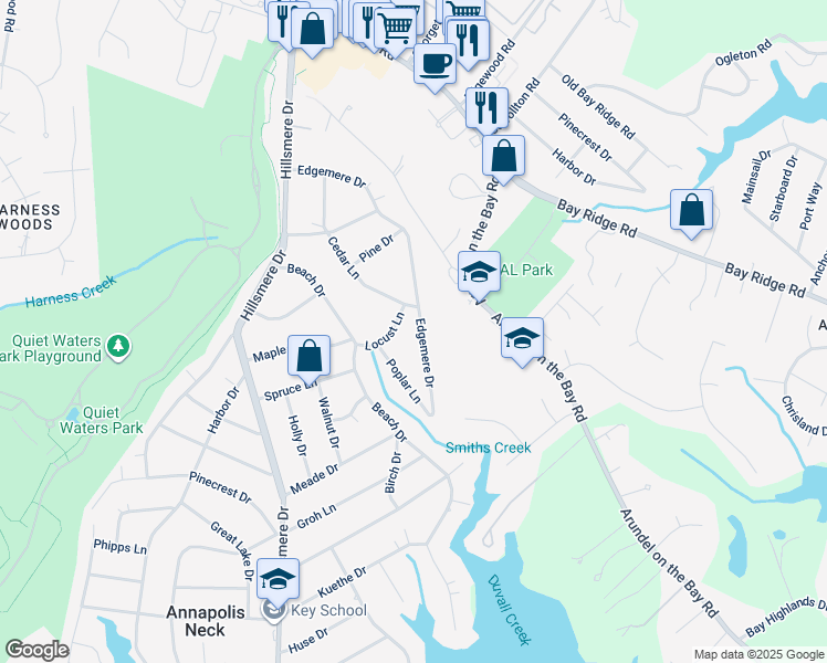 map of restaurants, bars, coffee shops, grocery stores, and more near 404 Edgemere Drive in Annapolis