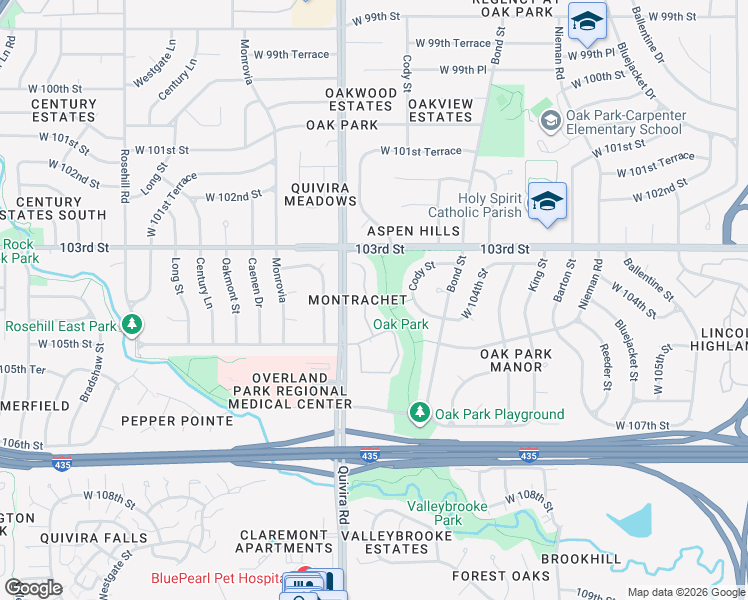map of restaurants, bars, coffee shops, grocery stores, and more near 10409 Garnett Street in Overland Park