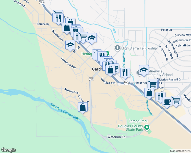 map of restaurants, bars, coffee shops, grocery stores, and more near 1207 Gilman Avenue in Gardnerville