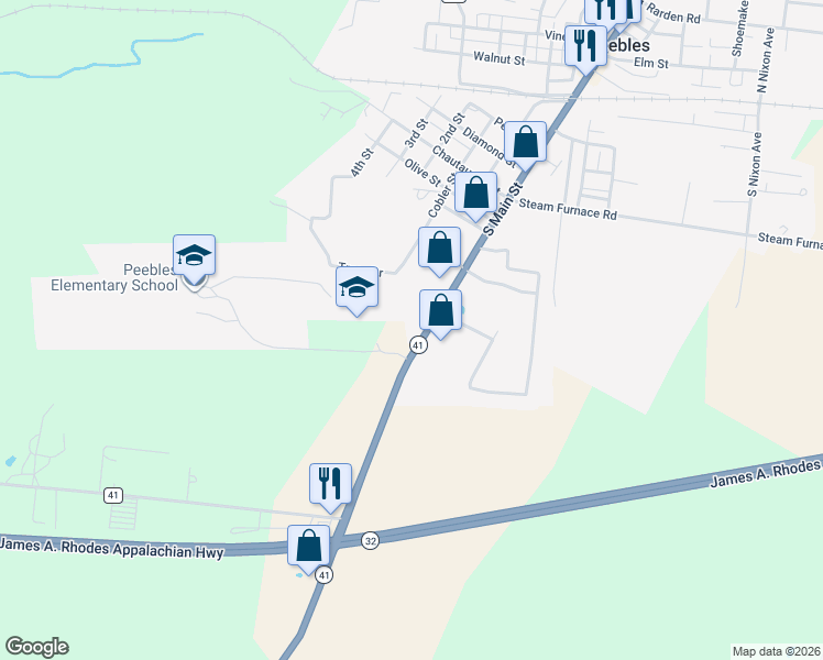 map of restaurants, bars, coffee shops, grocery stores, and more near 25773 State Route 41 in Peebles