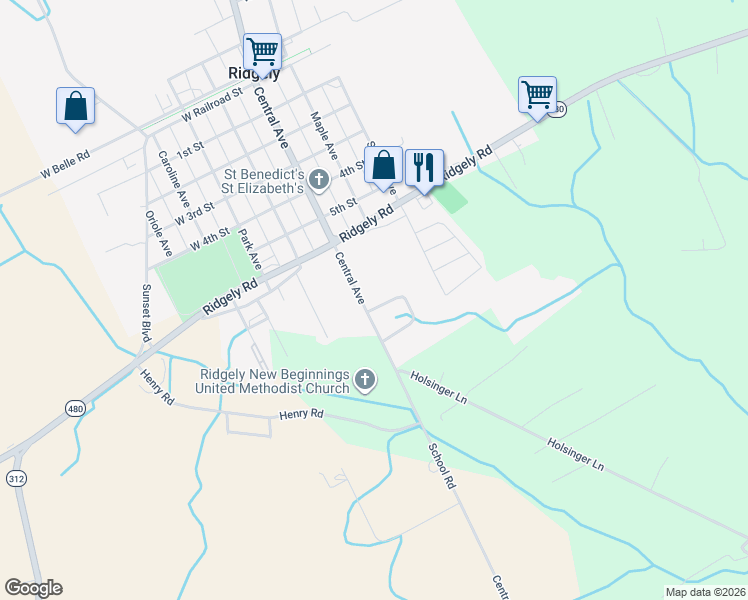 map of restaurants, bars, coffee shops, grocery stores, and more near 2 Oakview Court in Ridgely