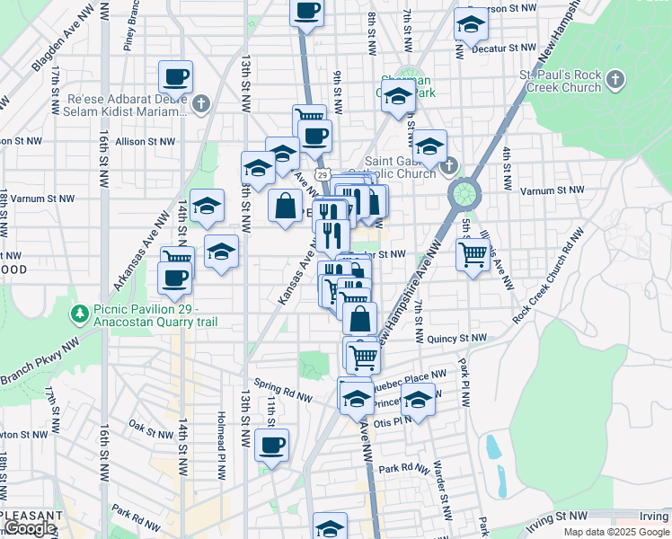 map of restaurants, bars, coffee shops, grocery stores, and more near 4014 Georgia Avenue Northwest in Washington