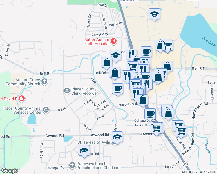 map of restaurants, bars, coffee shops, grocery stores, and more near 3107-3111 Professional Drive in Auburn