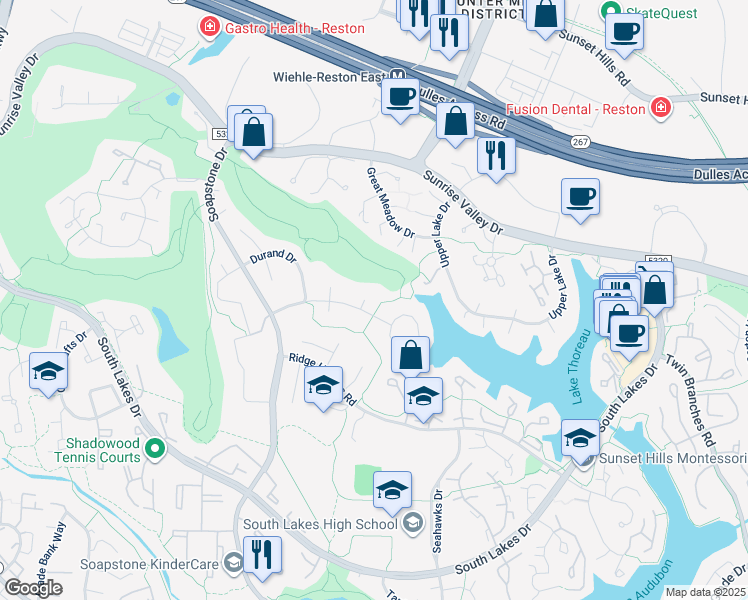 map of restaurants, bars, coffee shops, grocery stores, and more near 2023 Mock Orange Court in Reston