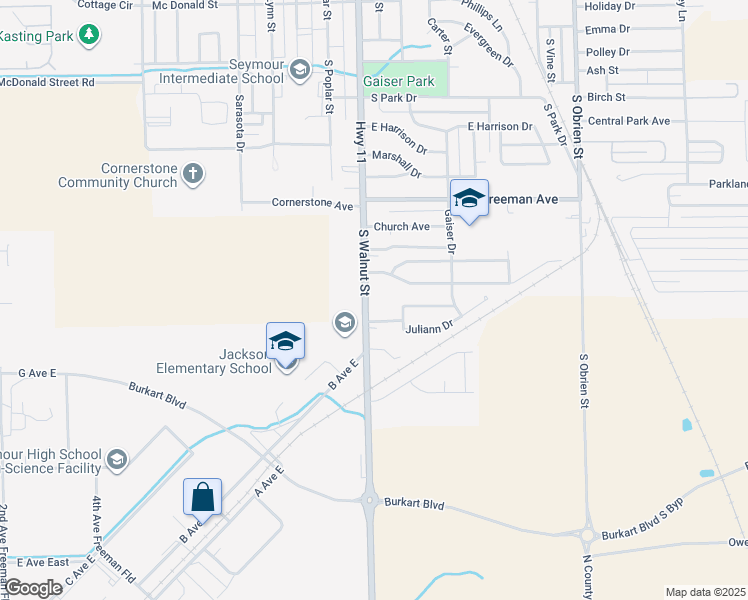 map of restaurants, bars, coffee shops, grocery stores, and more near 1605 South Walnut Street in Seymour