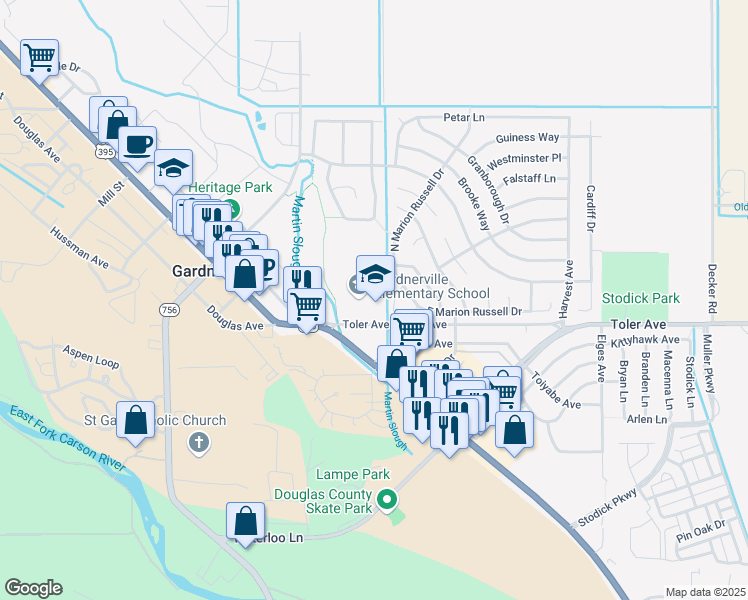 map of restaurants, bars, coffee shops, grocery stores, and more near 1290 Toler Avenue in Gardnerville