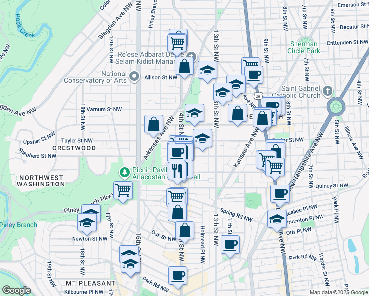 map of restaurants, bars, coffee shops, grocery stores, and more near 4017 14th Street Northwest in Washington
