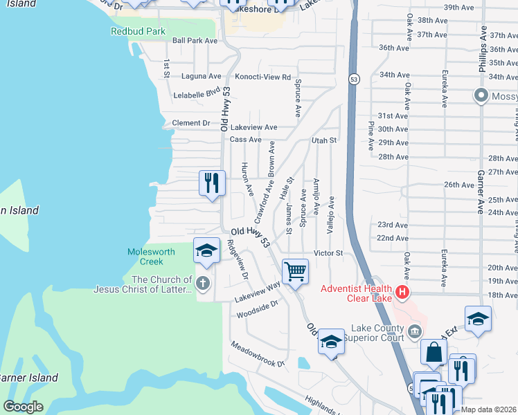 map of restaurants, bars, coffee shops, grocery stores, and more near 5990 Huron Avenue in Clearlake