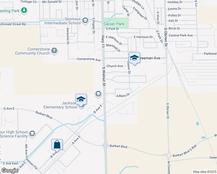 map of restaurants, bars, coffee shops, grocery stores, and more near 1605 South Walnut Street in Seymour